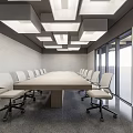 Conference Room Interior With Long Table White Chairs Square Ceiling Lights And Large Windows 3d model