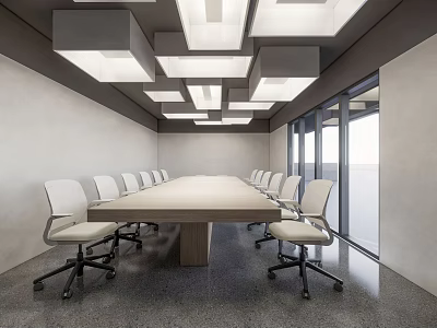 Conference Room Interior With Long Table White Chairs Square Ceiling Lights And Large Windows 3d model