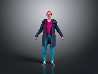 Red Haired Woman In Dark Coat Purple Top Blue Jeans Standing Gray Background 3d model