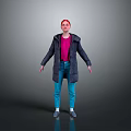 Red Haired Woman In Dark Coat Purple Top Blue Jeans Standing Gray Background