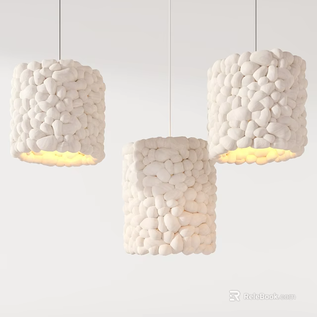 Three White Pebble Textured Cylindrical Pendant Lights With Warm Glowing Light 3d model