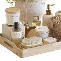 Bathroom Accessories On Wooden Tray With Greenery