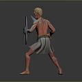 Man As Ancient Warrior Standing Barefoot Holding Round Red Blue Shield