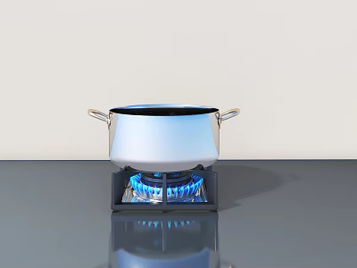 Stainless Steel Cooking Pot On Gas Stove With Blue Flame And Shiny Countertop 3d model