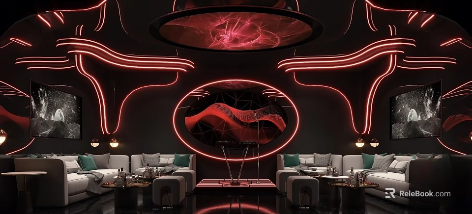 Stylish KTV Interior With Red Neon Lights Circular Decor And Comfortable Sofa Seats 3d model 