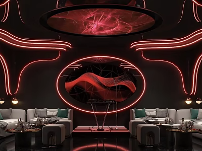 Stylish KTV Interior With Red Neon Lights Circular Decor And Comfortable Sofa Seats 3d model