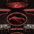 Stylish KTV Interior With Red Neon Lights Circular Decor And Comfortable Sofa Seats