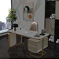 Modern Office Desk with Golden Legs White Marble Top Laptop Lamp Green Plant City View