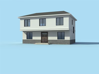 Two Story House Exterior Featuring White Walls Dark Roof Windows And Wooden Door 3d model