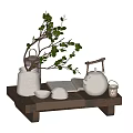 Traditional Tea Set on Wooden Table with Clay Jar Branches and Lantern