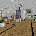 Shopping Mall Lobby With Spruce Signage Display Counters Decorative Columns And Brown Floor Tiles