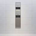 Bathroom Accessories Silver Metal Cabinet With Multiple Compartments And Small Doors On White Tiled Wall