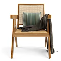 Wooden Frame Leisure Chair With Rattan Backrest Green Striped Cushion And Dark Blanket