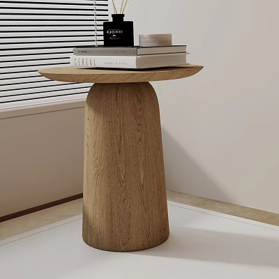 Minimalist Wooden Side Table With Cylindrical Base Round Top And Stacked Books 3d model