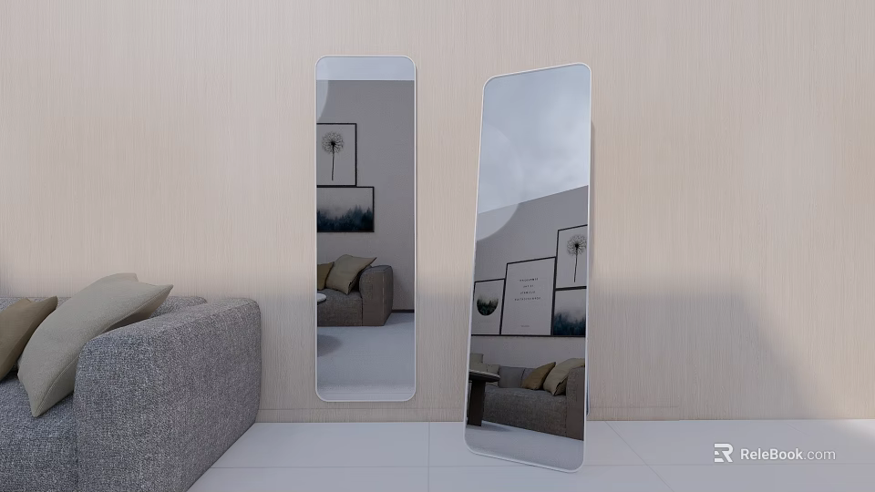 Stylish Standing Mirrors in Modern Living Room with Sofa and Wall Art 3d model 