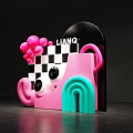 Vibrant Art Installation With Pink Spheres Black White Checkered Pattern Large Eyes Ear Blue Arch