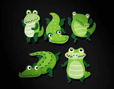 Set of Green Cartoon Crocodile Wall Decor With Various Cute Poses 3d model