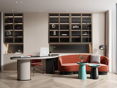Modern Study Room Interior Design With Open Bookshelves Desk Laptop Orange Sofa And Potted Plants 3d model