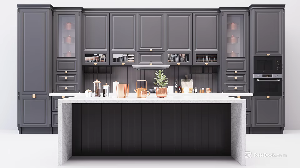 Modern Dark Gray Kitchen Cabinets With Central Island And Copper Accessories 3d model