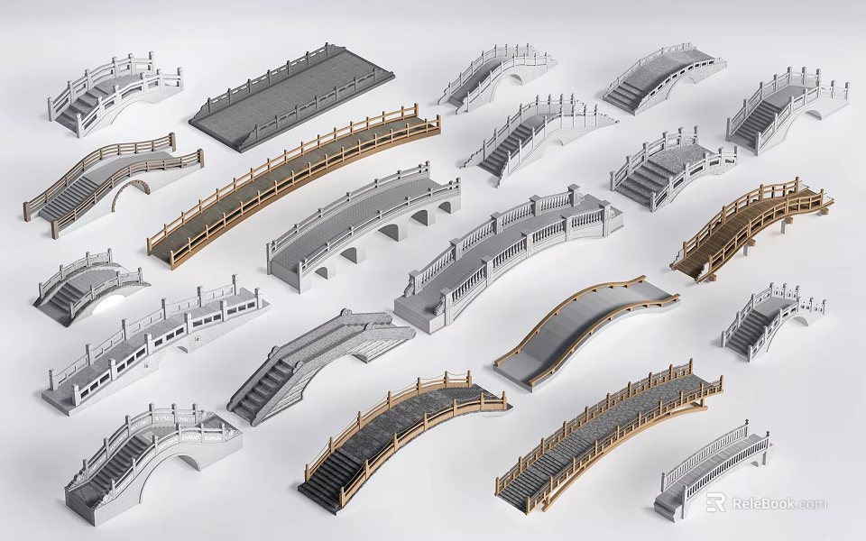 Various Landscape Bridge Designs With Arch Shapes Step Structures And Wooden Gray Materials 3d model 