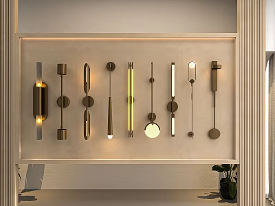 Modern Wall Lamps With Various Sleek Designs On Display Shelf 3d model