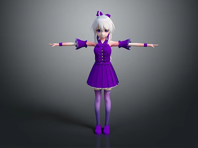 Anime Character In Purple Dress With White Hair Bow And Outstretched Arms 3d model