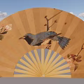 Blue Decorative Fan with Floral Patterns and Butterfly Design Black Handle Against Sky Background