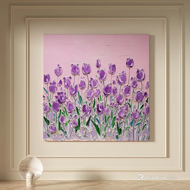 Vibrant Purple Tulips Oil Painting Hanging On Wall Interior Decor Artwork 3d model 