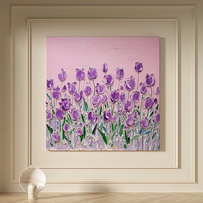 Vibrant Purple Tulips Oil Painting Hanging On Wall Interior Decor Artwork 3d model