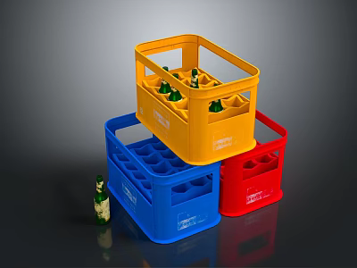 Colorful Plastic Bottle Crates For Household Storage In Yellow Blue Red 3d model