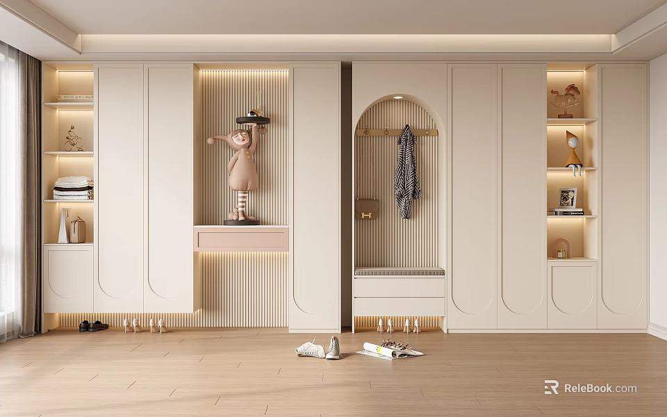 Modern Elegant Shoe Cabinet Interior Design With Storage Shelves And Decor Items 3d model 
