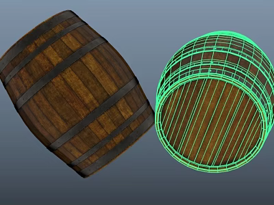 Wooden Barrel Shaped Clock With Black Metal Hoops And Wireframe Design 3d model