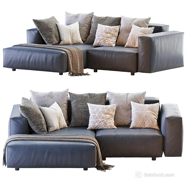 Modern Gray Sectional Sofa With Multiple Decorative Pillows And Throw Blanket 3d model