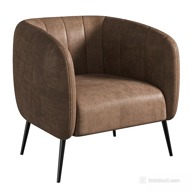Brown Leather Accent Chair With Curved Armrest And Black Metal Legs For Modern Living Room 3d model 