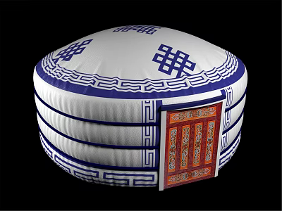 Traditional Chinese Layered Container With Blue And White Patterns Red Decorative Door And Geometric Borders 3d model