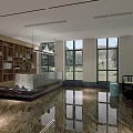 Modern Restaurant Interior With Dining Tables Chairs Green Plant And Marble Floor