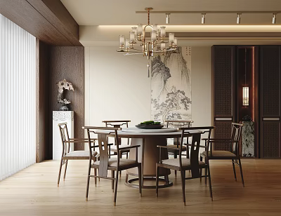 Modern Chinese Dining Room Interior With Round Table Chairs Wooden Elements Chandelier And Landscape Painting 3d model