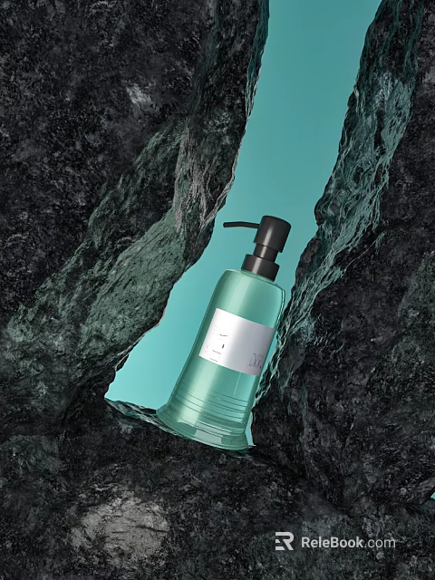 Modern Bathroom Accessories Green Bottle With Black Pump And Rock Texture 3d model 