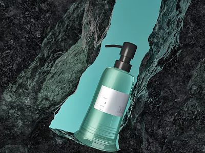 Modern Bathroom Accessories Green Bottle With Black Pump And Rock Texture 3d model