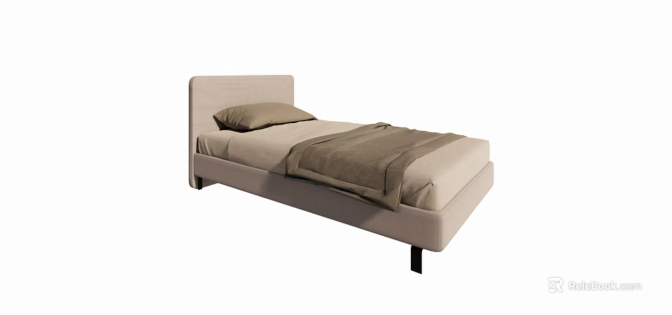 Modern Single Bed With Upholstered Headboard Light Beige Fabric Cozy Blanket And Pillow 3d model 