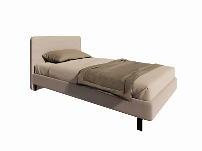 Modern Single Bed With Upholstered Headboard Light Beige Fabric Cozy Blanket And Pillow 3d model