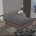 Modern Double Bed In Bedroom With Gray Patterned Mattress Brown Frame And Side Tables