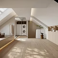 Attic Interior With Sloped Skylights White Armchair Black White Abstract Painting Wooden Cabinets Light Flooring