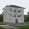 Three Story Detached Villa With White Exterior Balconies Lawn And Swimming Pool