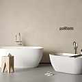 White Bathtubs In Modern Bathroom With Wooden Stool Slippers And Light Wall Background