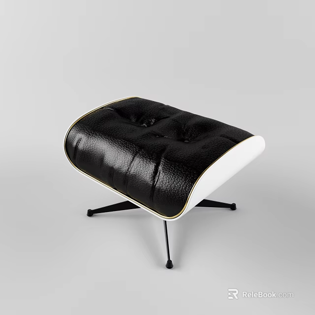 Modern Black Leather Ottoman With Button Tufted Top And White Trim Metal Legs 3d model 