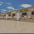 Food Court Interior With Multiple Restaurant Stalls Signboards Queuing Barriers And Blue Sky Ceiling