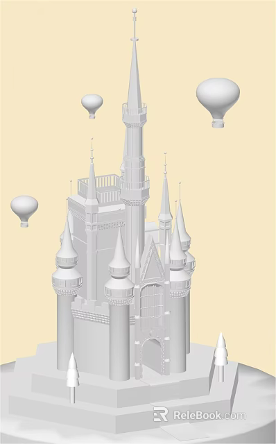 Enchanting Cartoon Castle Scene With Spires Towers And Floating Hot Air Balloon 3d model 