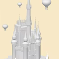 Enchanting Cartoon Castle Scene With Spires Towers And Floating Hot Air Balloon