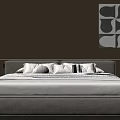 Modern Double Bed with Upholstered Headboard White Bedding and Beige Wall Abstract Painting